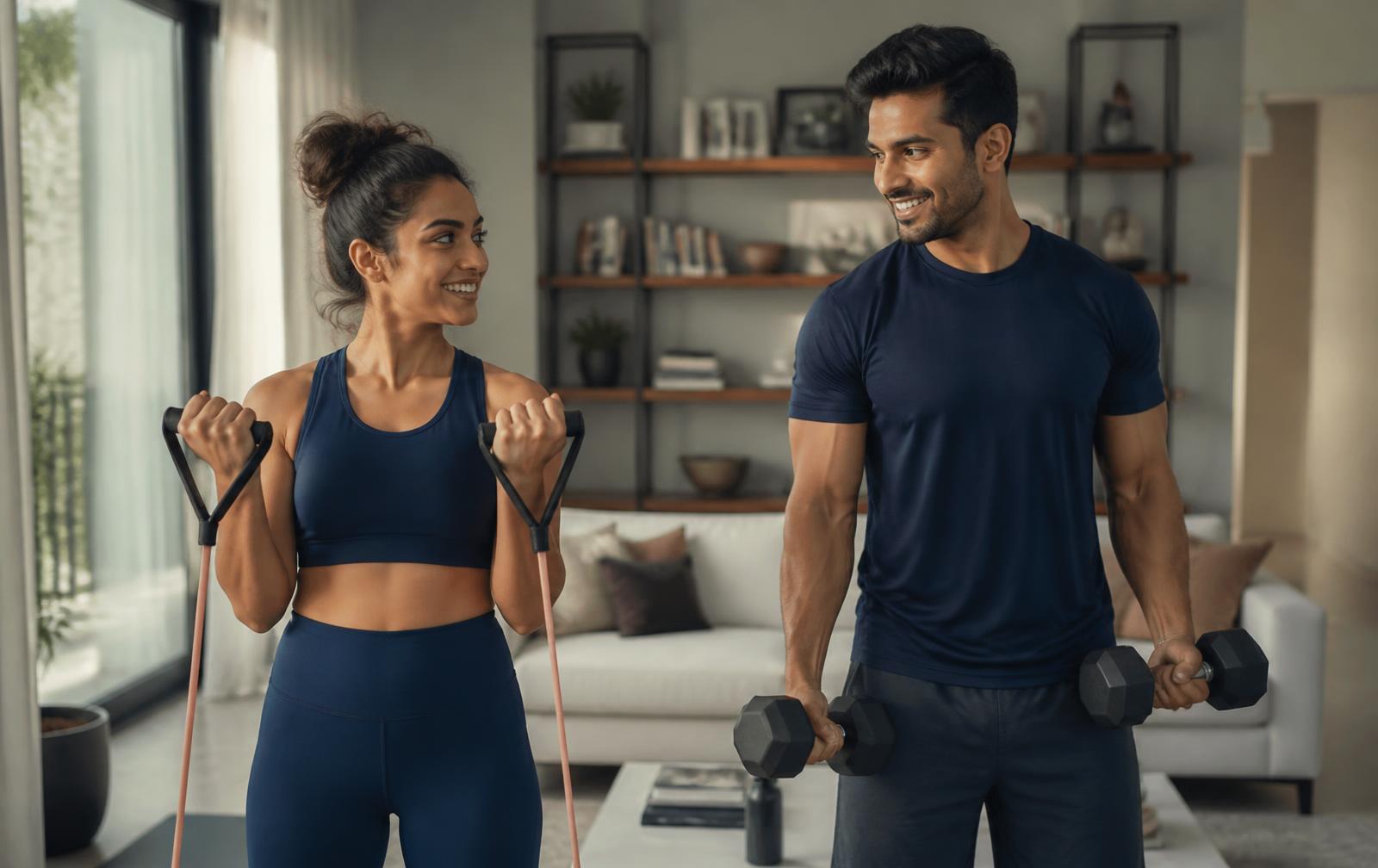 An Indian couple training together at home with resistance bands and dumbbells