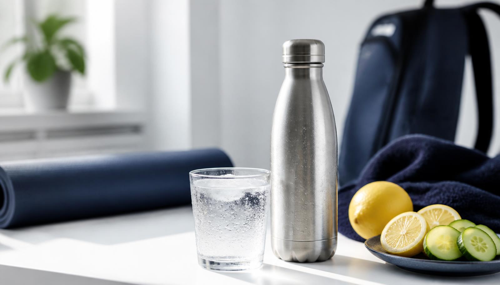 A stainless steel water bottle and a chilled glass of water on a bright desk beside a yoga mat and fresh lemon and cucumber