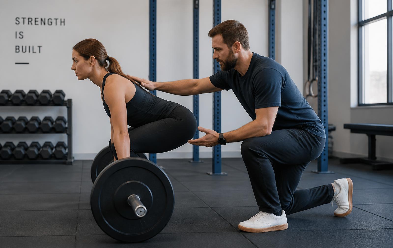 A coach guiding a lifter's deadlift technique in a gym