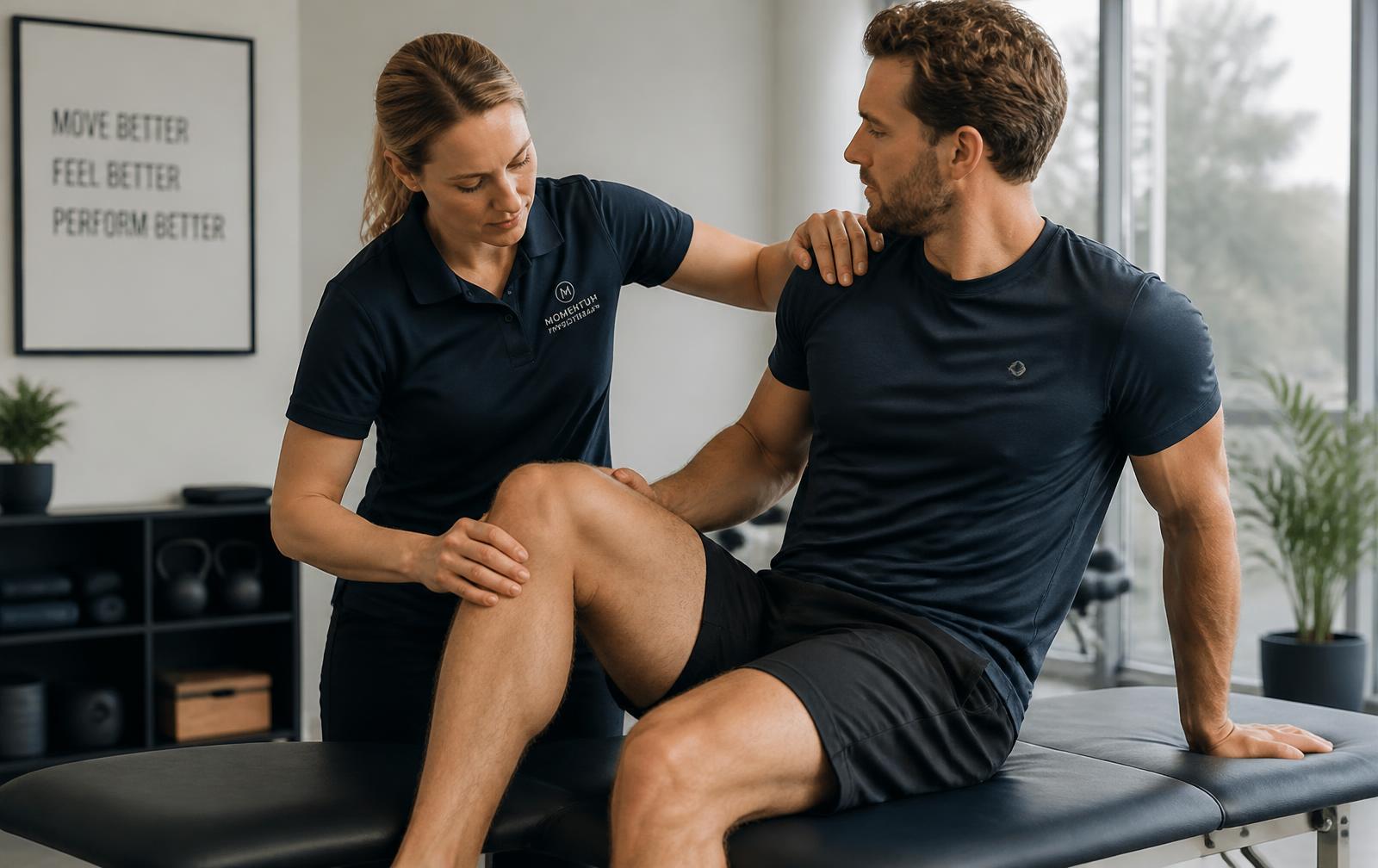 A physiotherapist assessing an athlete's knee and shoulder mobility in a clinic