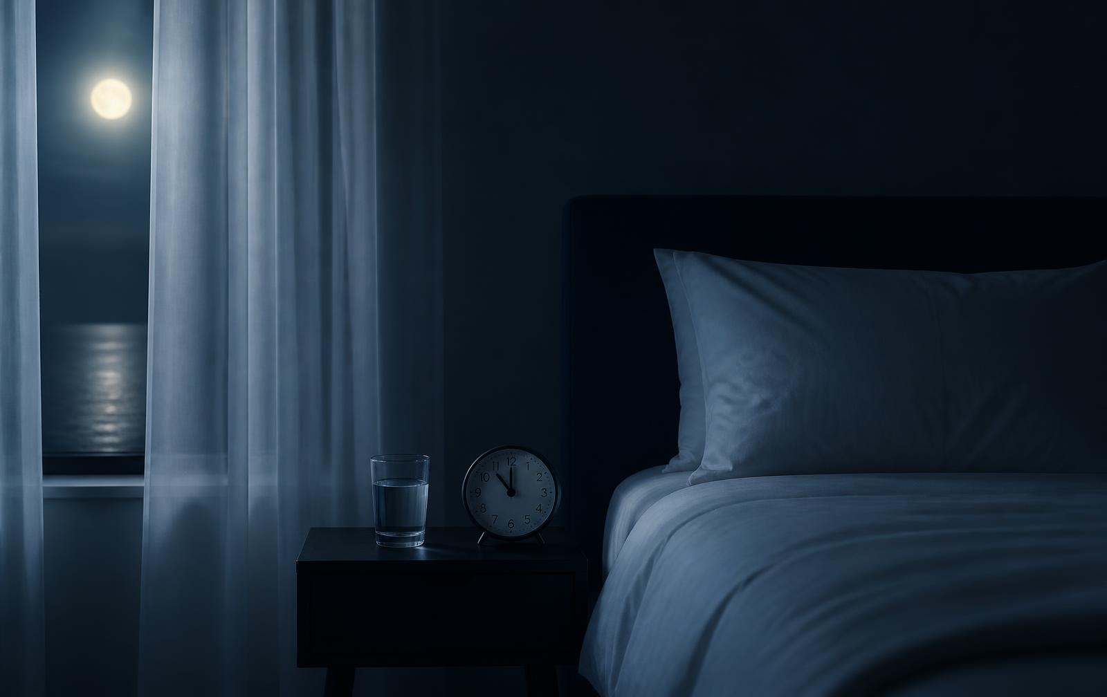 A dark, quiet bedroom at night with moonlight through sheer curtains