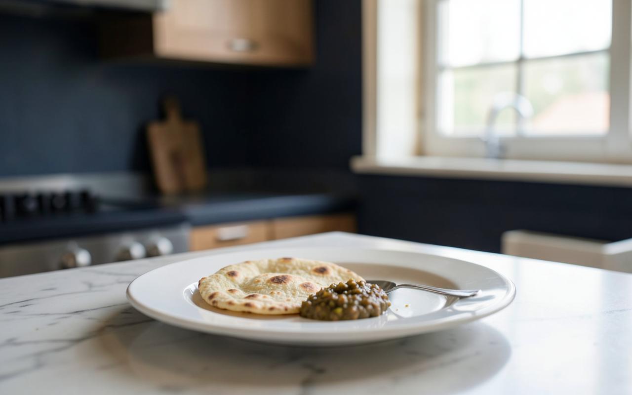A very small portion of roti and dal on a large white plate