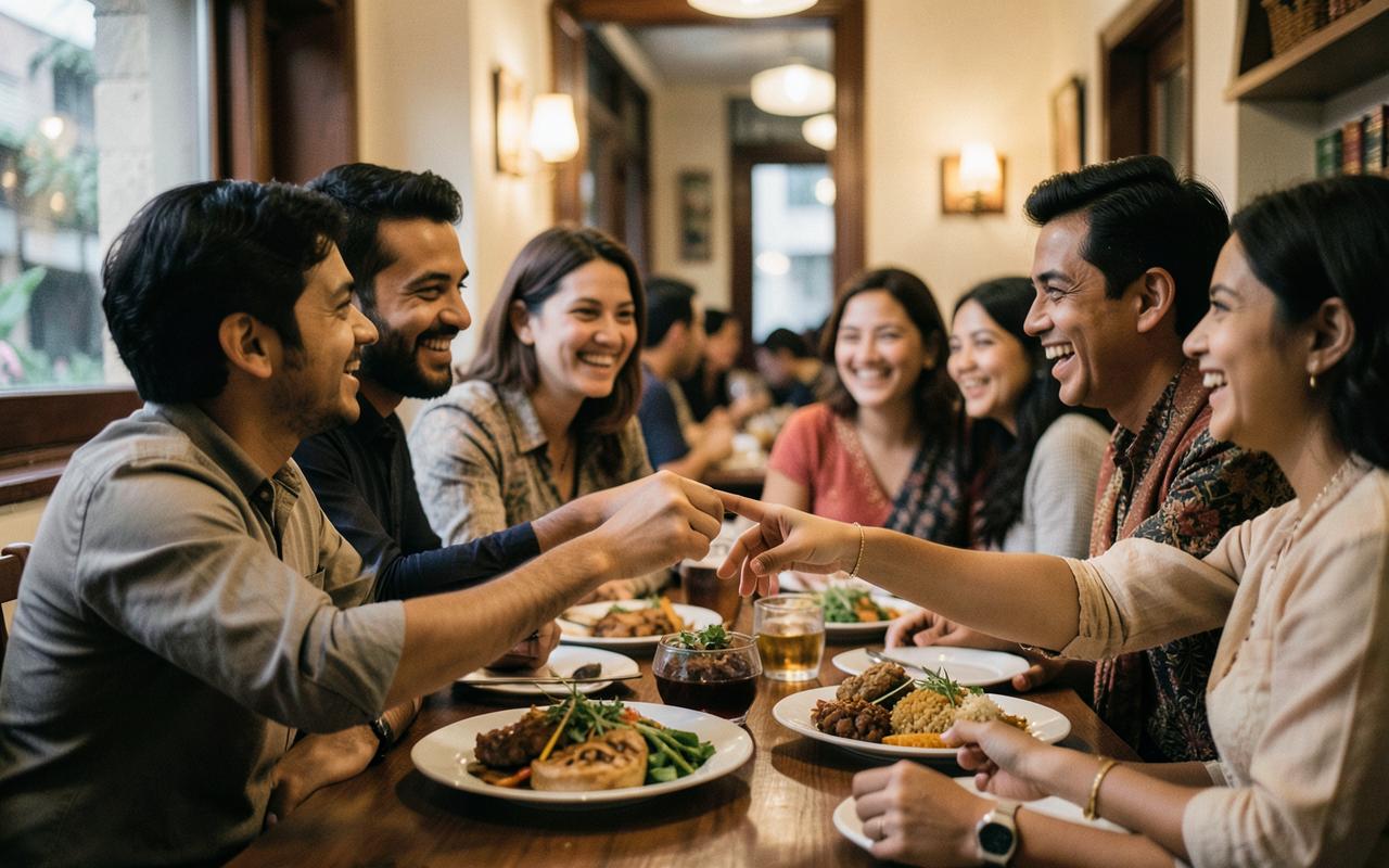 Friends laughing over a shared dinner at a restaurant table