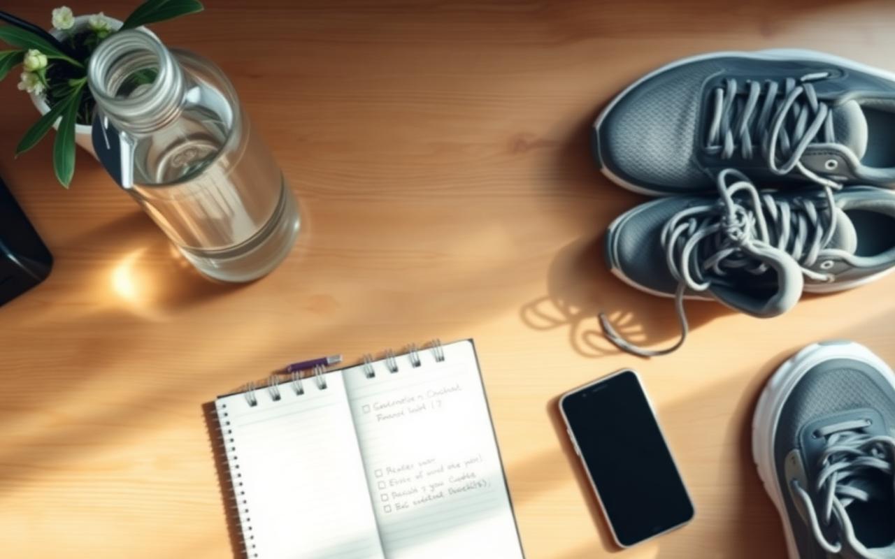 A tidy wooden desk from above with a glass water bottle, a checklist notebook, running shoes and a phone face-down in soft morning light