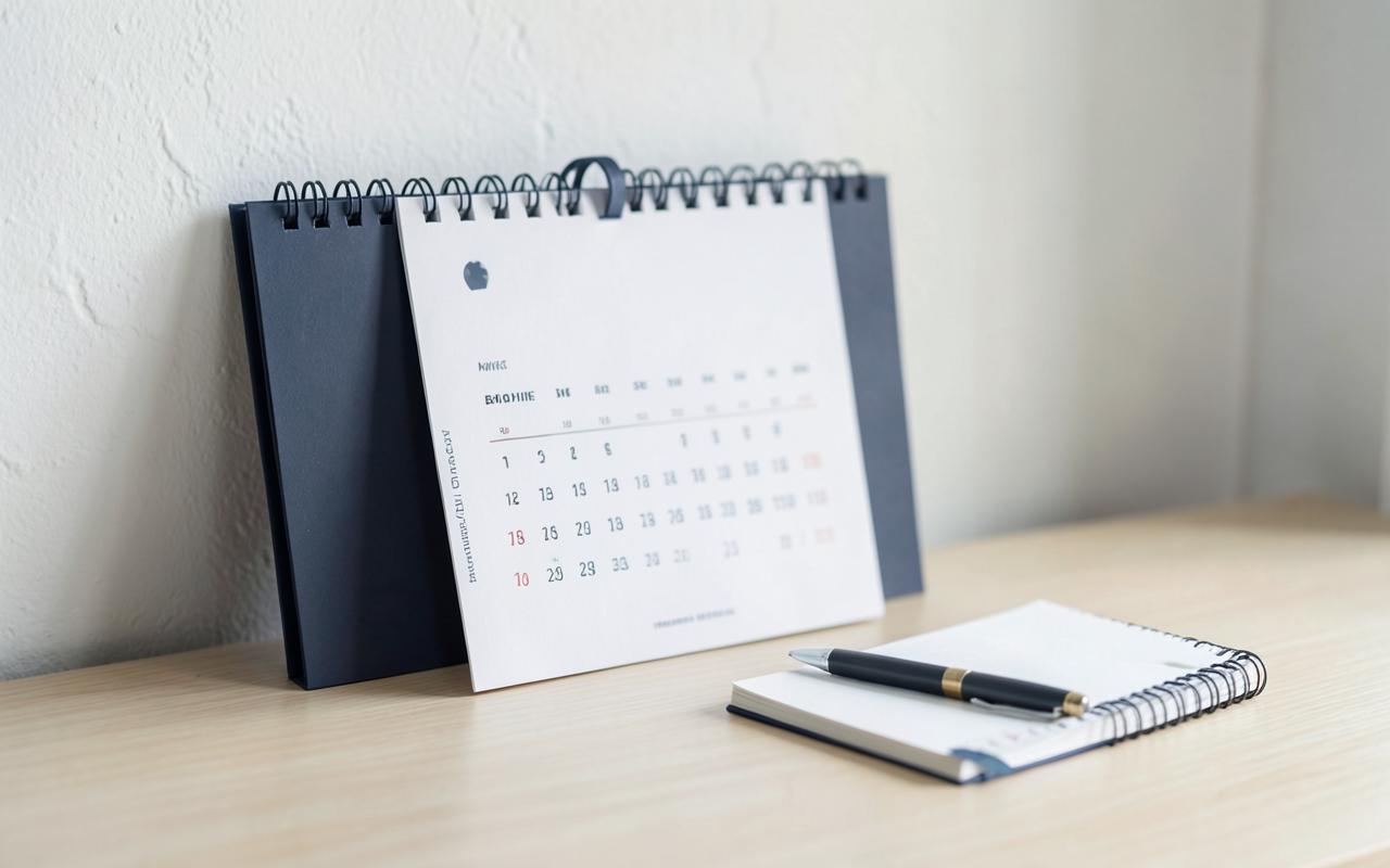 A desk calendar, notebook and measuring tape on a light wooden desk