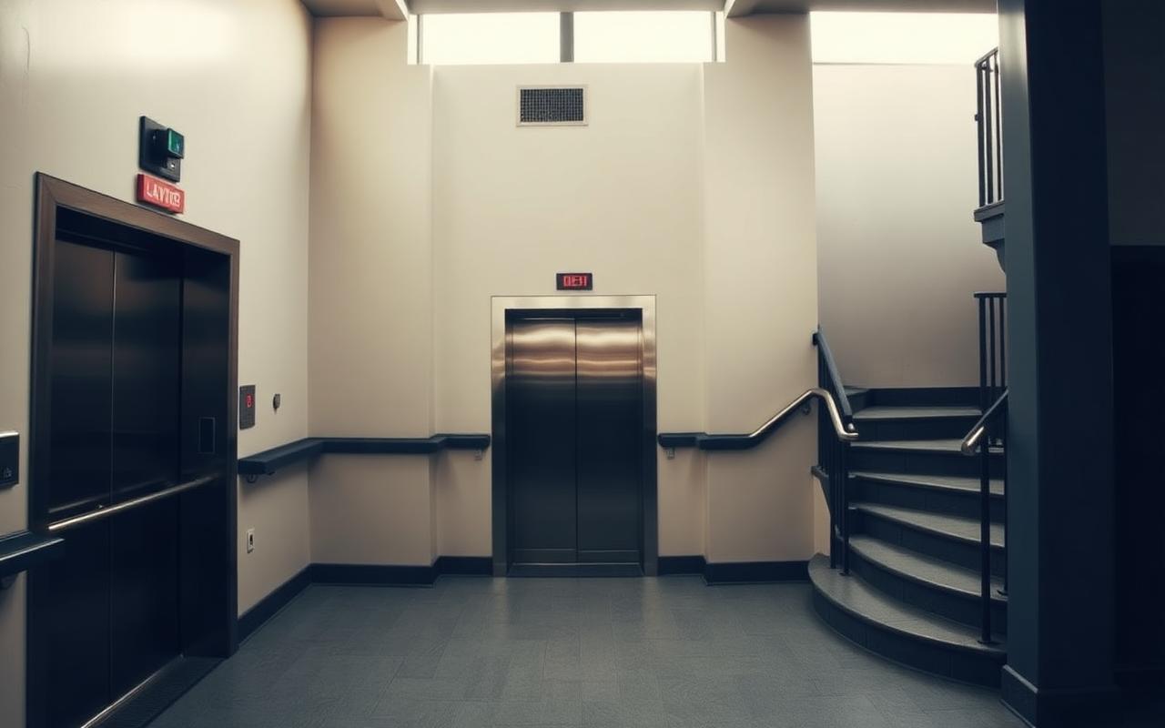 An office lobby with an out-of-order lift beside a staircase
