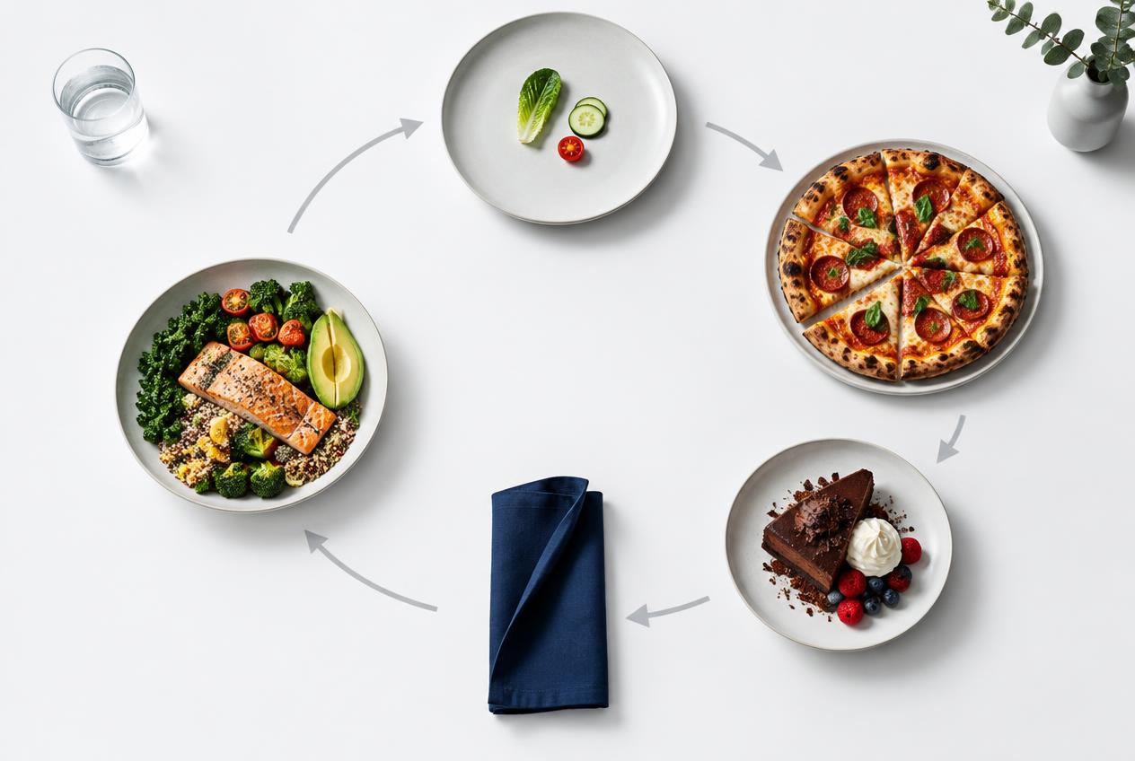 Balanced meals, pizza and dessert arranged as a broken food-reward cycle