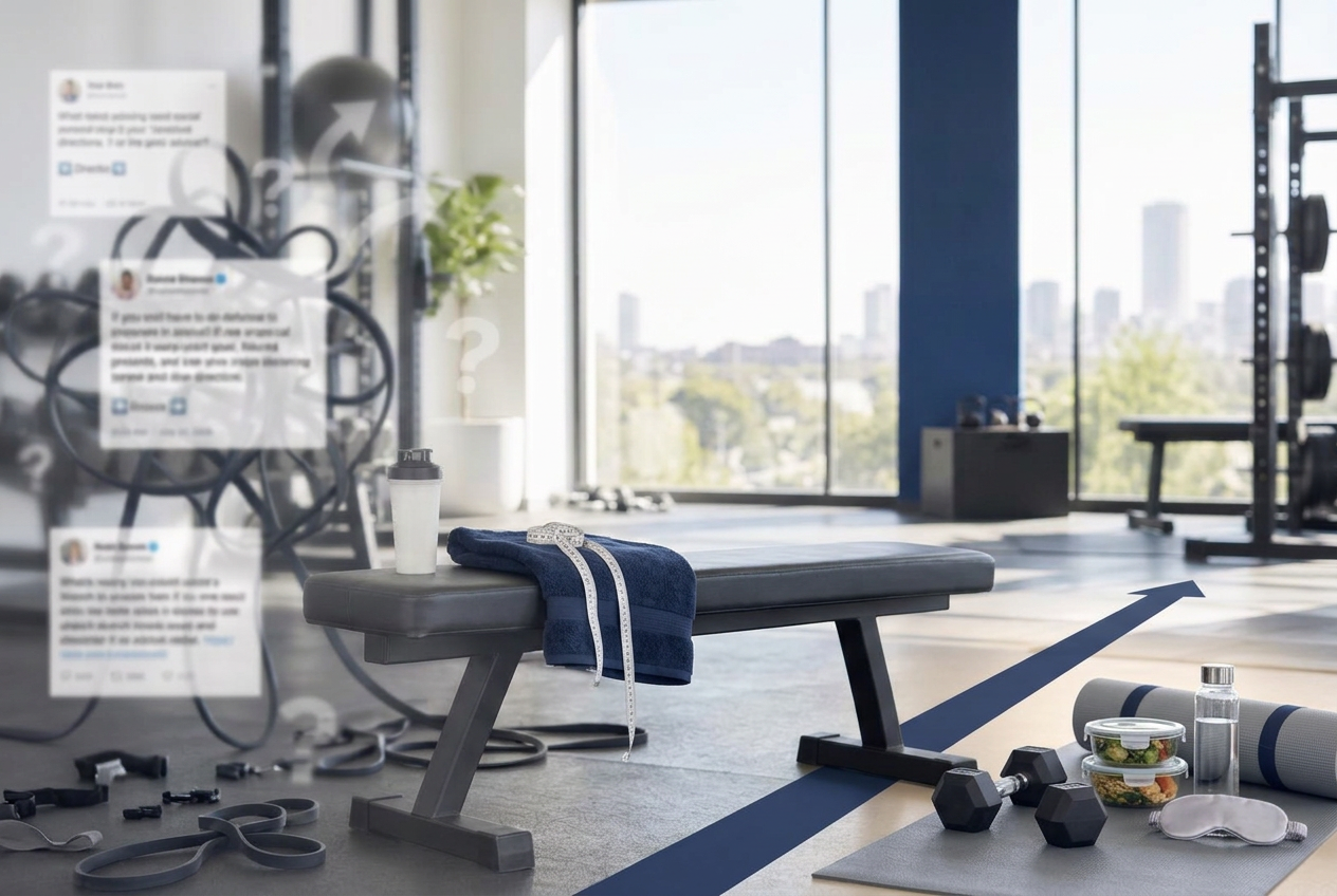 A tangled stream of fitness advice becoming a clear path towards practical habits in a bright gym