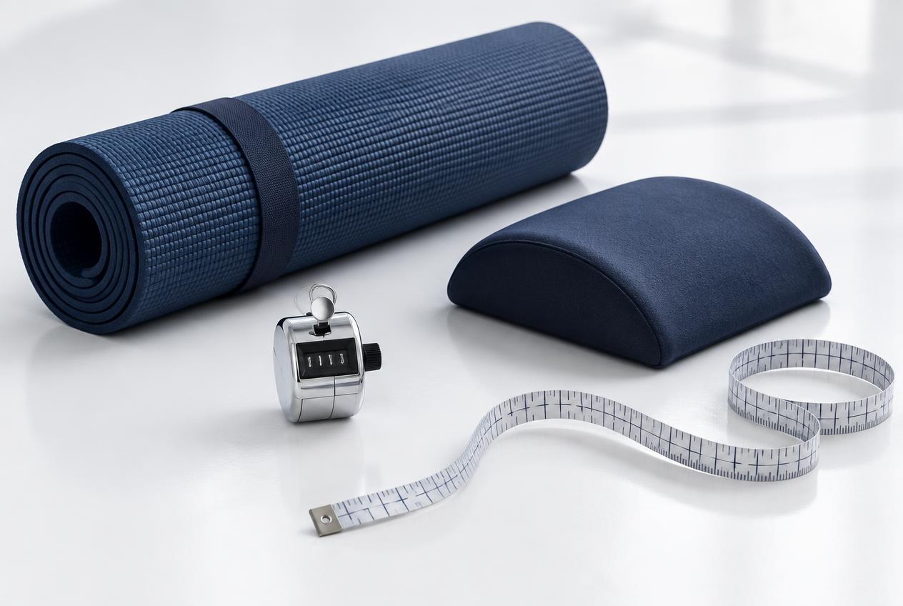 A rolled exercise mat, support cushion, tally counter and measuring tape