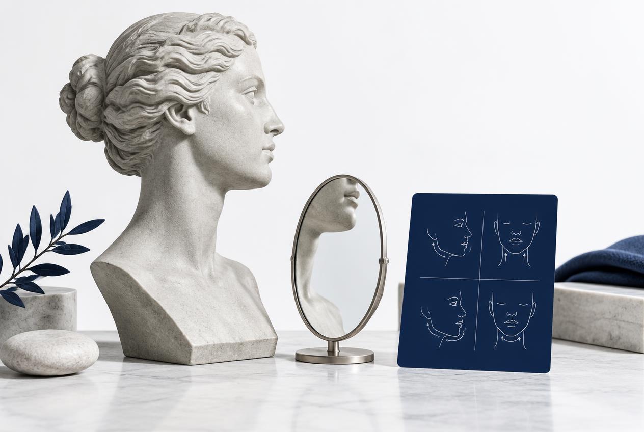 A sculptural profile bust, mirror and face-exercise study card