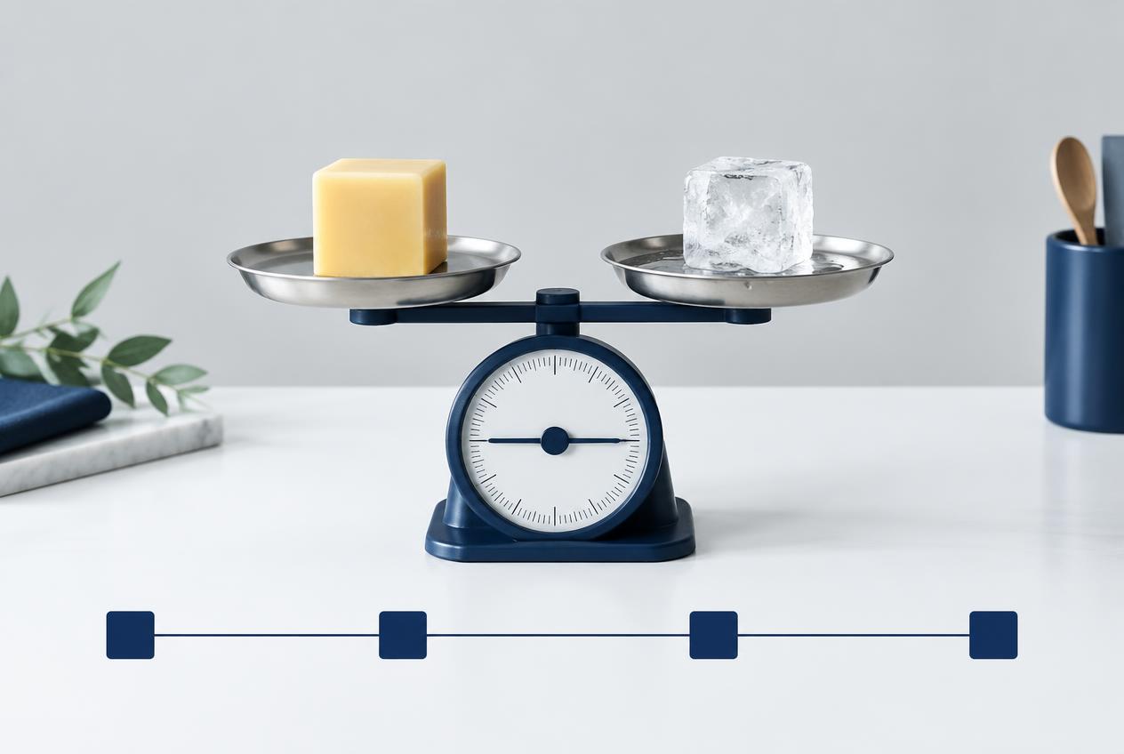 A solid wax cube and melting ice cube balanced on a kitchen scale