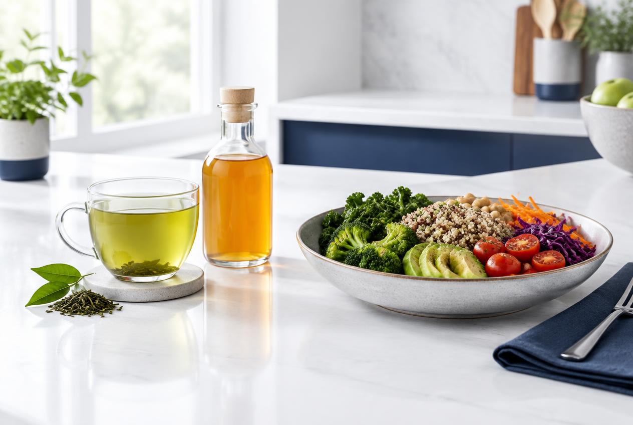 Green tea and apple cider vinegar beside a balanced meal