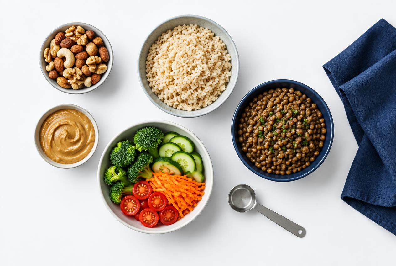 Portioned bowls of nuts, brown rice, lentils, vegetables and peanut butter