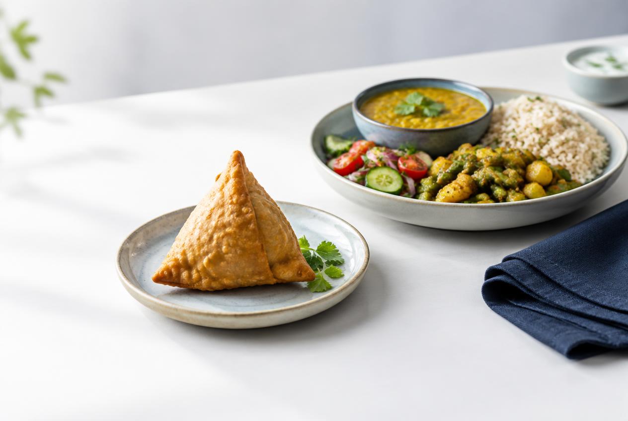 One samosa on a small plate beside a balanced Indian meal