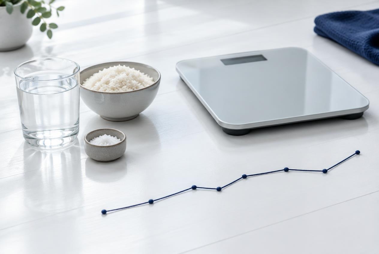 A bathroom scale beside water, rice, salt and a multi-day trend line