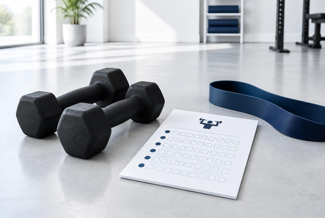 Dumbbells, a shoulder-press tally card and a navy resistance band in a bright gym