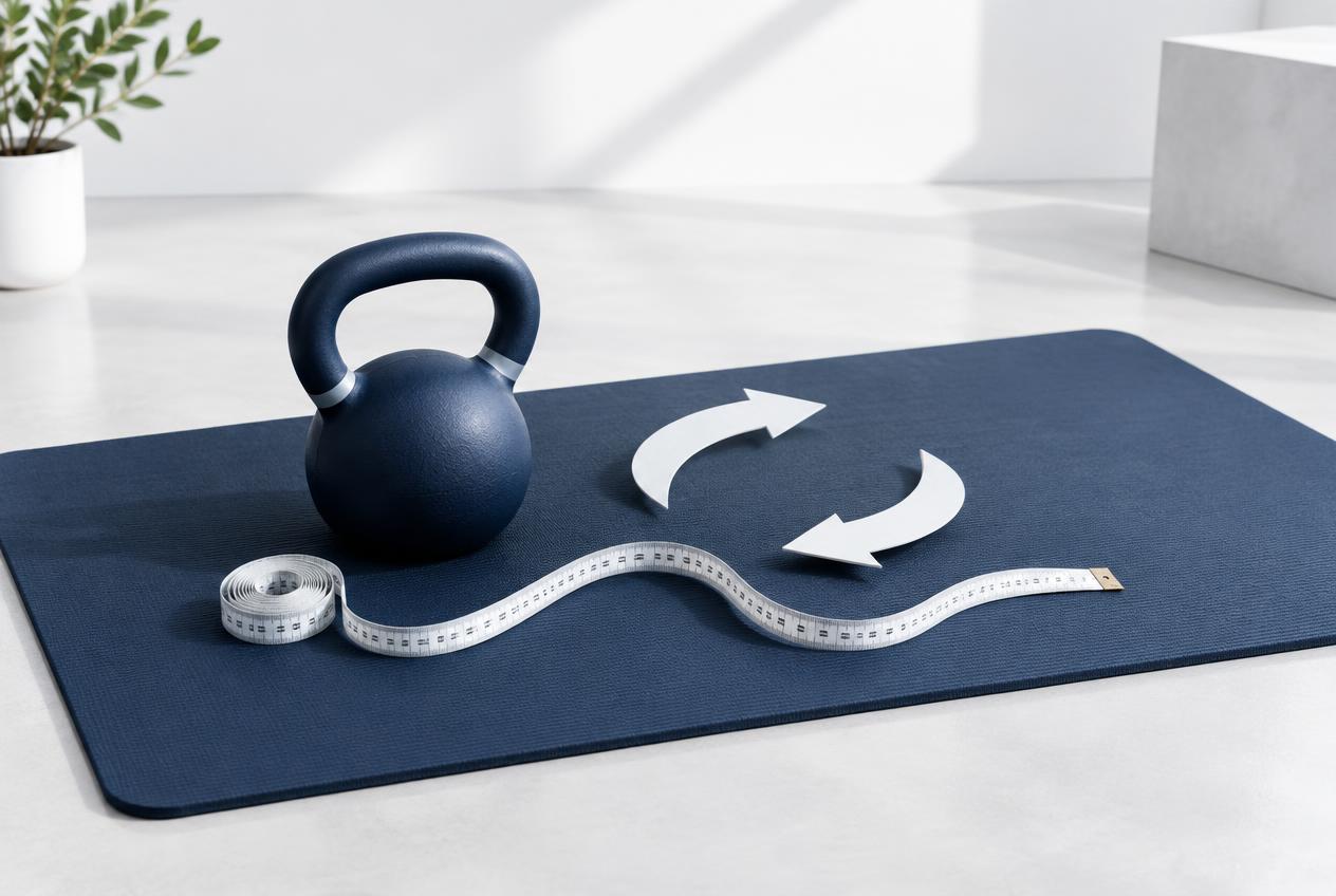 A kettlebell, measuring tape and rotation arrows on a navy exercise mat