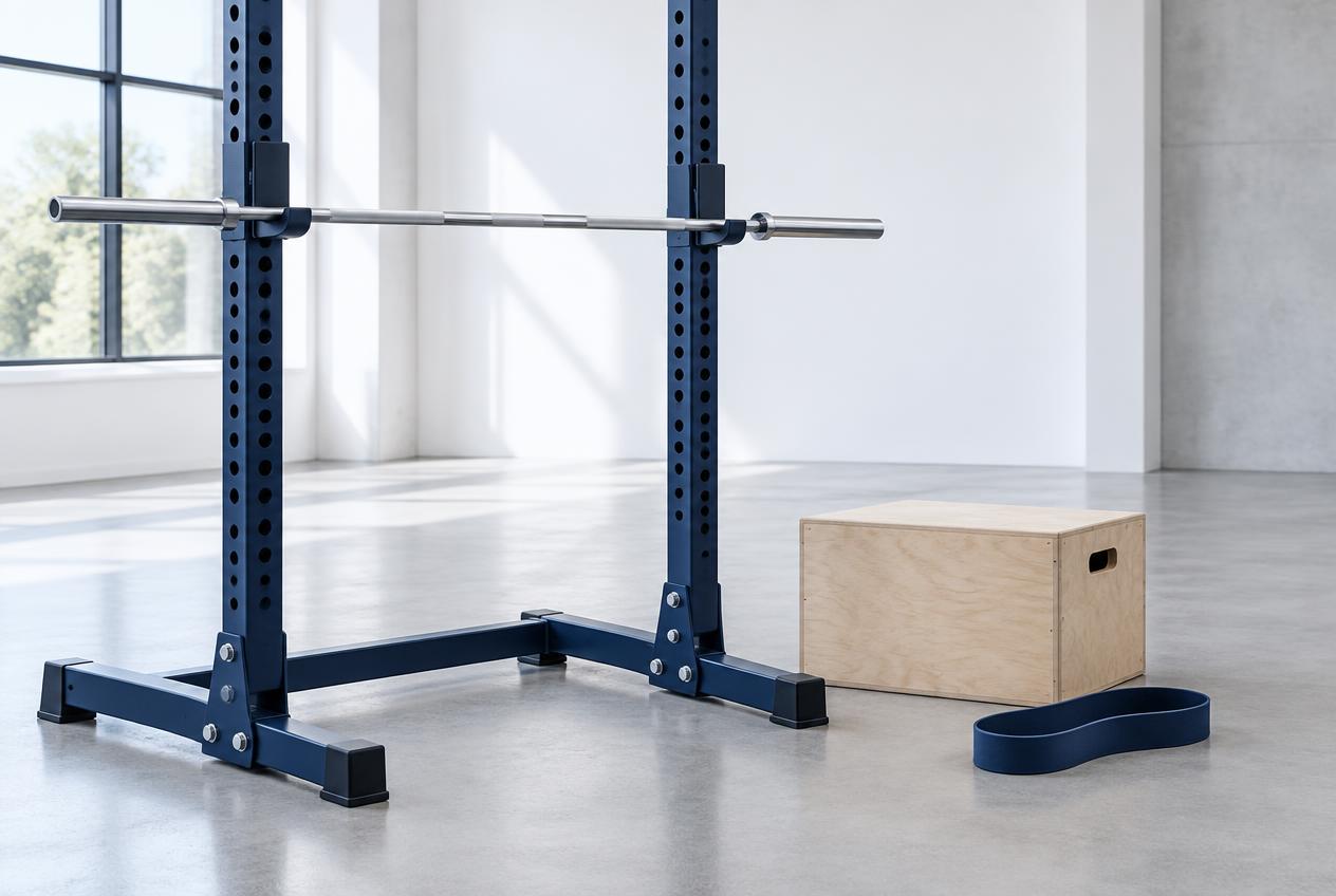 An empty squat rack, wooden exercise box and navy resistance loop
