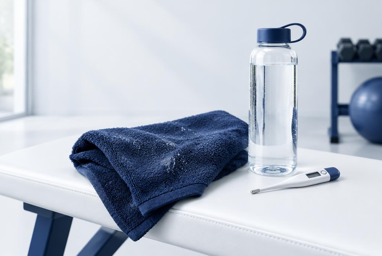 A damp navy workout towel, water bottle and thermometer on a gym bench