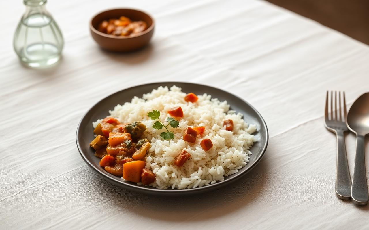 A simple home-cooked plate of rice with dal and vegetables