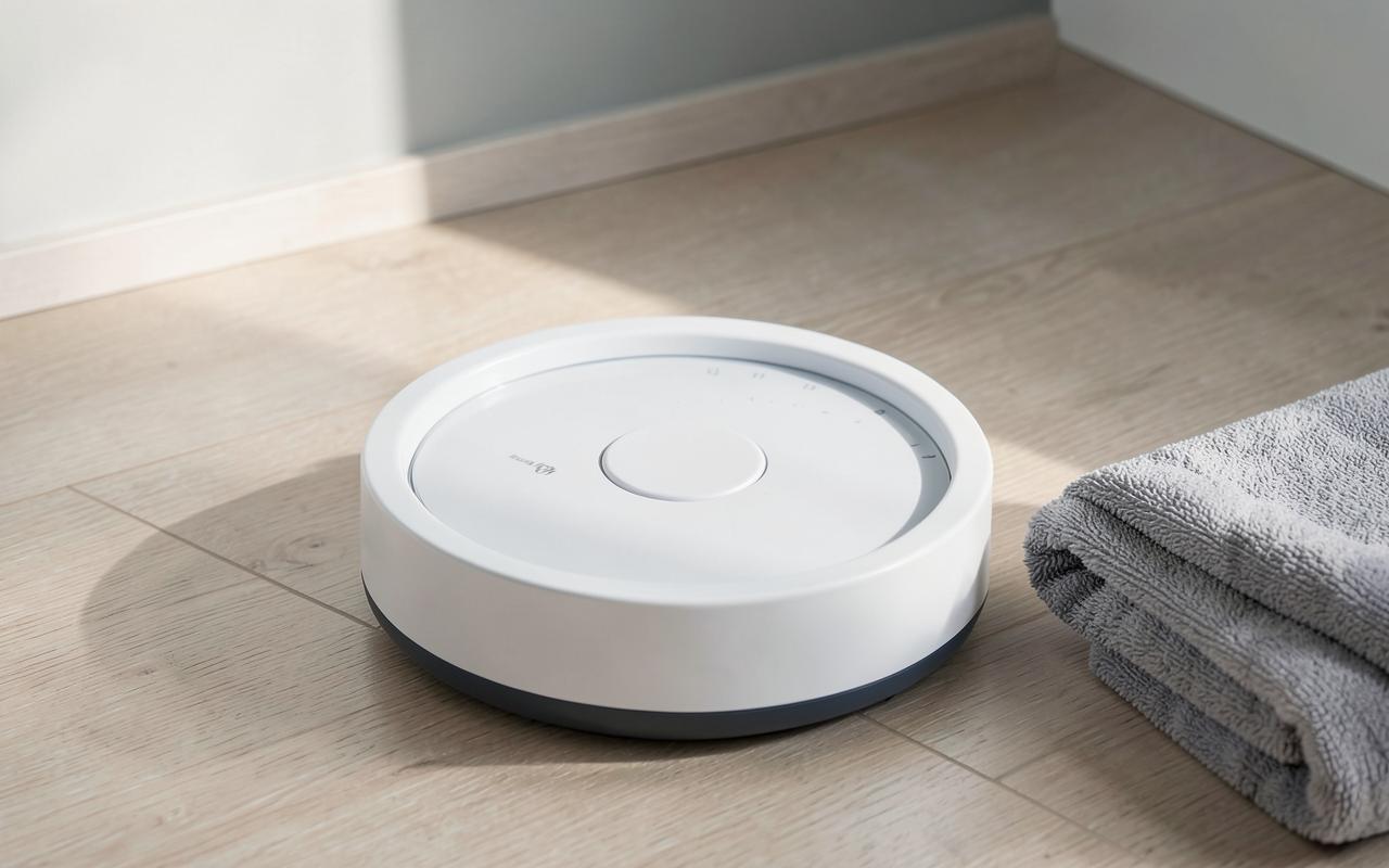 A bathroom weighing scale on a wooden floor in soft morning light