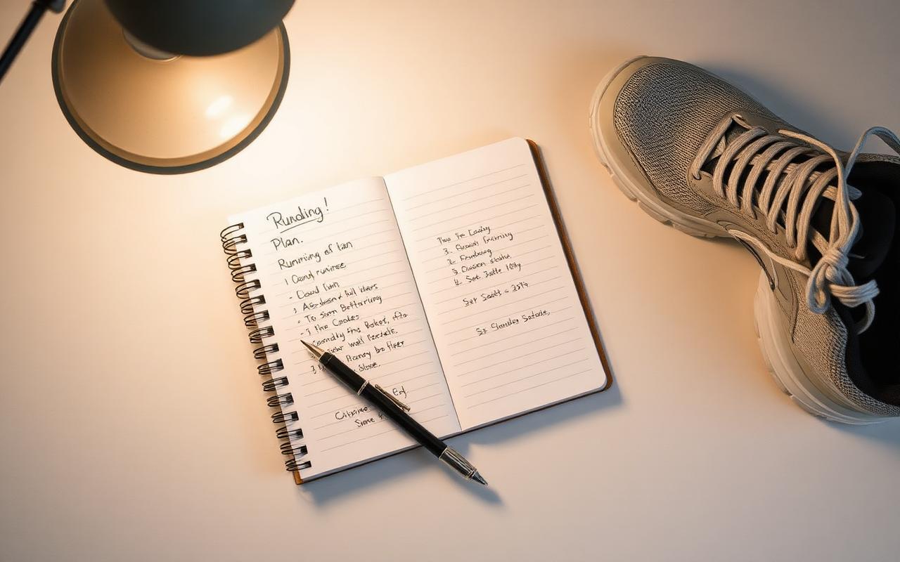 A notebook with a handwritten weekly plan next to a pair of running shoes